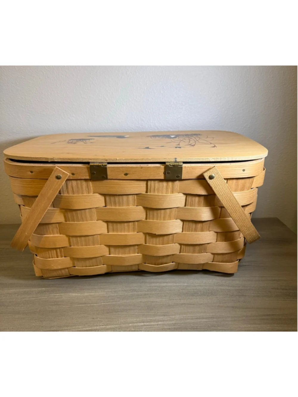 vintage Basketville picnic basket hand-painted loon scene wooden lid cottagecore